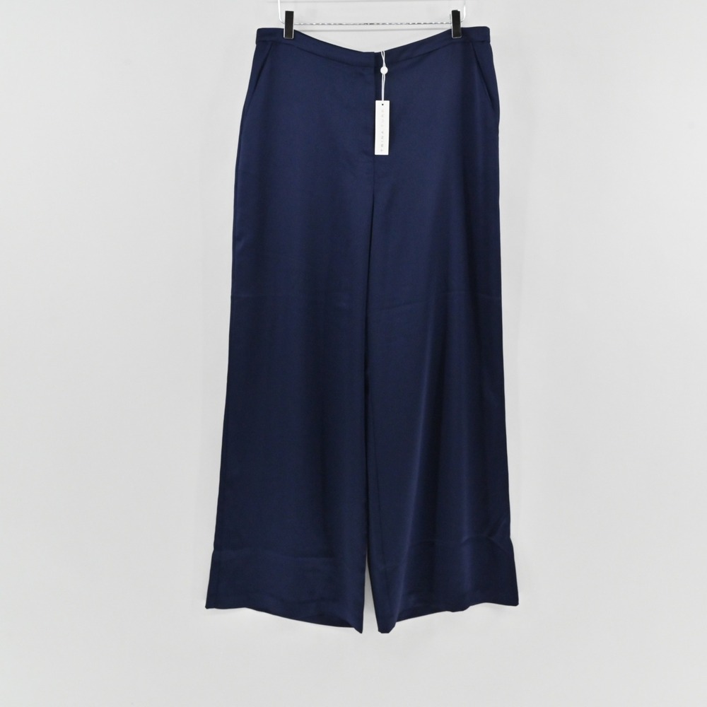 Trina Turk Nolita Pant Womens Size 14 Navy Blue Satin Wide Leg Trousers Career